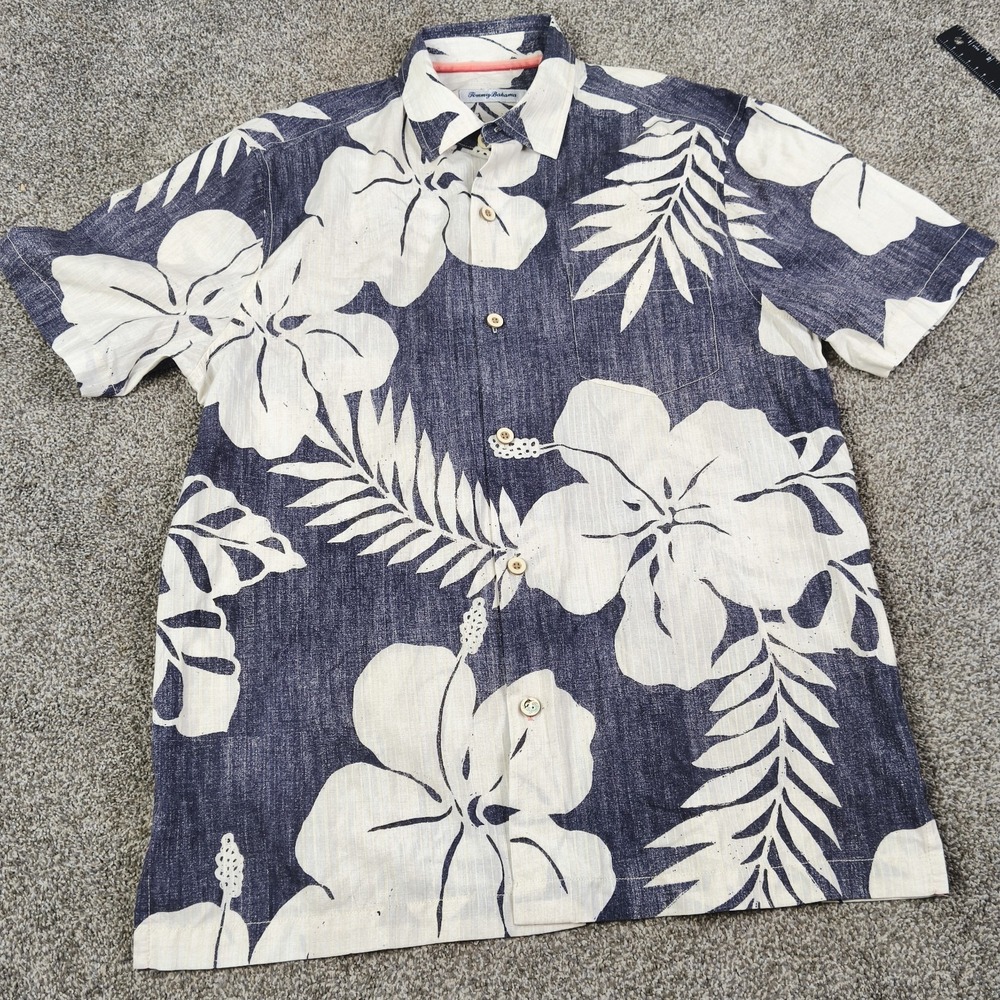 Tommy‎ Bahama Blue Hibiscus Hawaiian Camp Shirt Cotton Silk Mens M